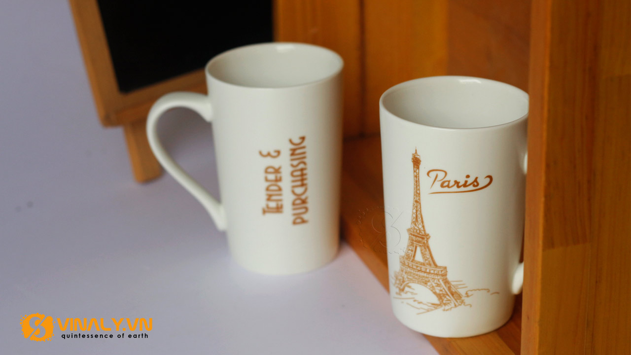 Ly sứ trắng vát men mát 420ml in hình tháp Eiffel-Paris